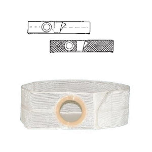 White ostomy belt with adjustable strap and round plastic ring, medical support accessory