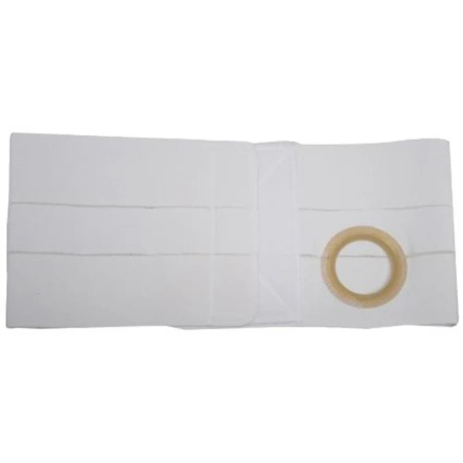 White ostomy belt with circular opening for medical pouch support, laid flat on surface