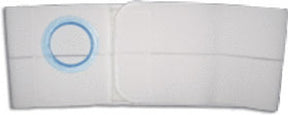 White ostomy belt with blue circular opening for secure medical appliance support