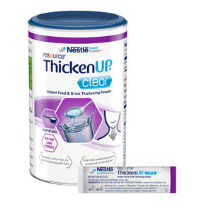 Nestlé ThickenUp Clear instant food and drink thickening powder canister and sachet