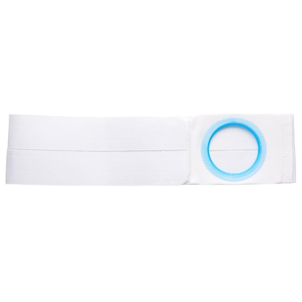 White ostomy support belt with blue reinforcement ring for medical use