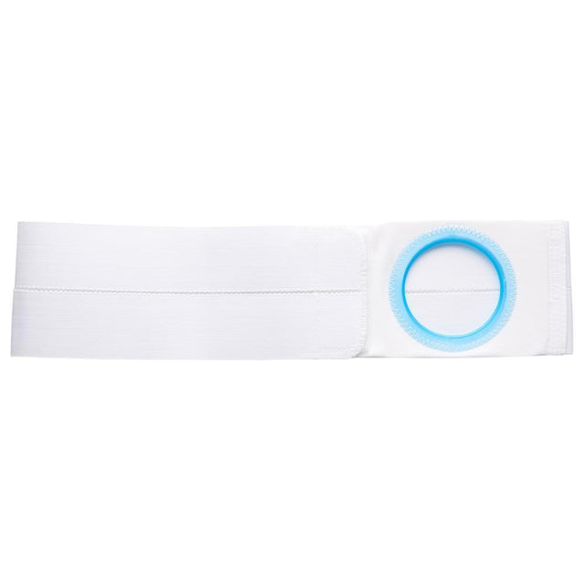 White ostomy support belt with blue reinforcement ring for medical use