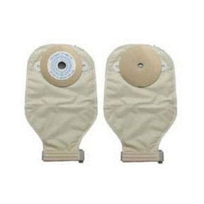 Two beige ostomy pouches with one featuring a round adhesive flange and one without.