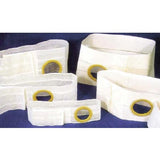 Adjustable ostomy belts with elastic bands and round openings, shown on a blue background.