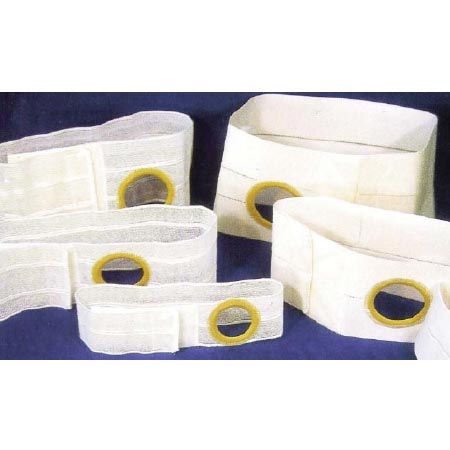 Adjustable ostomy belts with elastic bands and round openings, shown on a blue background.