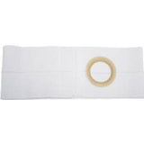 White medical ostomy belt with round stoma opening, used for ostomy care support