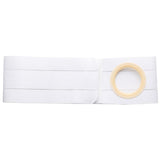 White ostomy support belt with elastic band and round pouch opening on a plain background