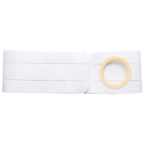 White ostomy support belt with elastic band and round pouch opening on a plain background