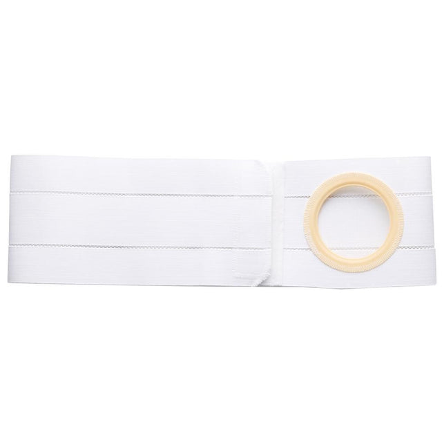 White ostomy support belt with elastic band and round pouch opening on a plain background