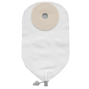 Ostomy bag with adhesive barrier, medical supply for stoma care on white background