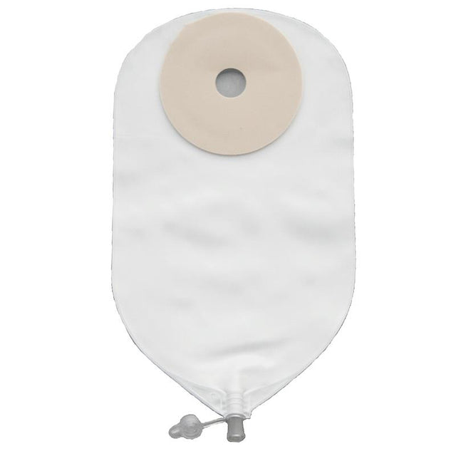 Ostomy bag with adhesive barrier, medical supply for stoma care on white background