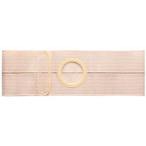 Beige ostomy belt with circular stoma opening, elastic medical support accessory
