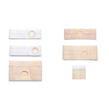 Various ostomy support belts and bands with circular openings for medical use, in white and beige.