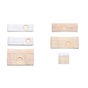 Various ostomy support belts and bands with circular openings for medical use, in white and beige.