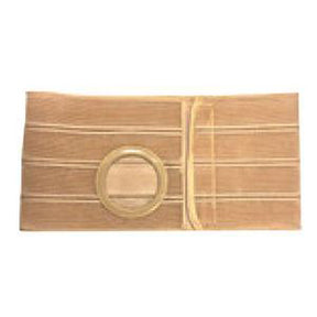 Beige abdominal support belt with round stoma opening for ostomy care