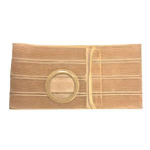 Beige abdominal support belt with round stoma opening for ostomy care