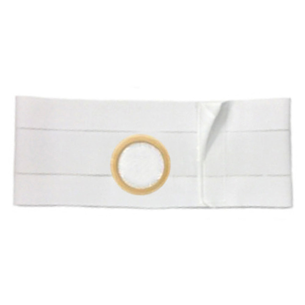 White ostomy support belt with round opening for stoma, medical supply accessory