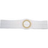 White medical support belt with central circular opening, designed for abdominal support