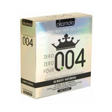 Okamoto 0.04 latex condoms box with holographic packaging on white background