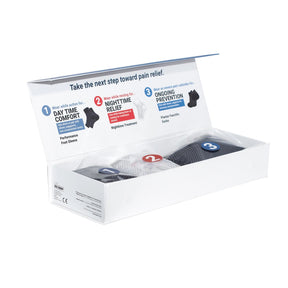 Plantar fasciitis recovery kit with three labeled foot support products in an open box