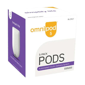 Omnipod 5-pack pods automated insulin delivery system box with purple and orange design