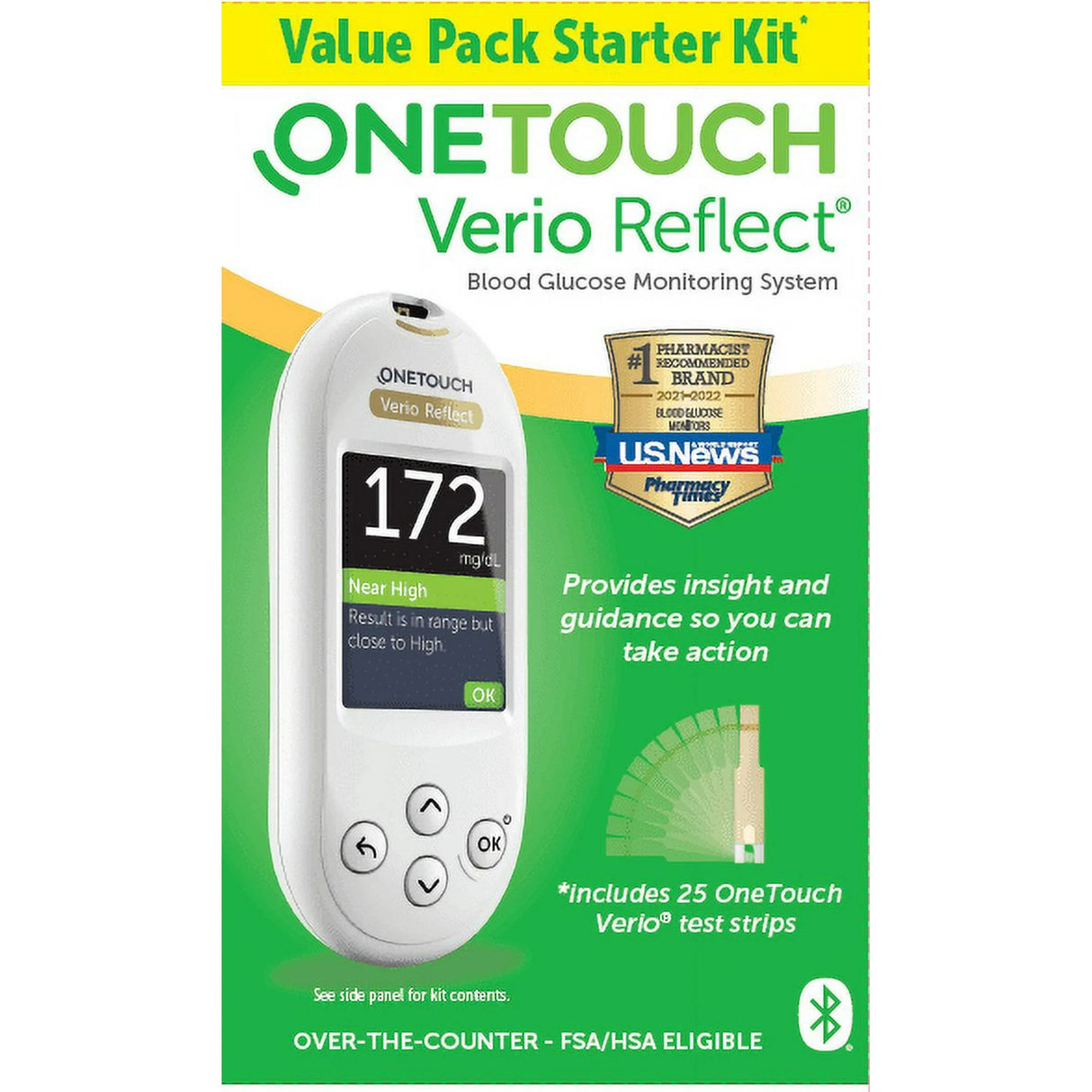OneTouch Verio Reflect blood glucose monitoring system value pack with test strips on green box.