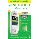 OneTouch Verio Reflect blood glucose monitoring system value pack with test strips on green box.