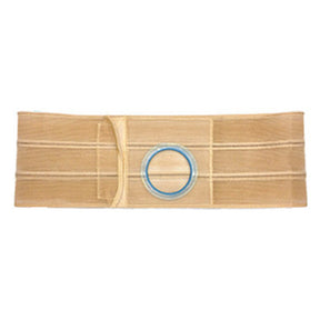Beige flat panel ostomy belt with central blue ring, medical support accessory