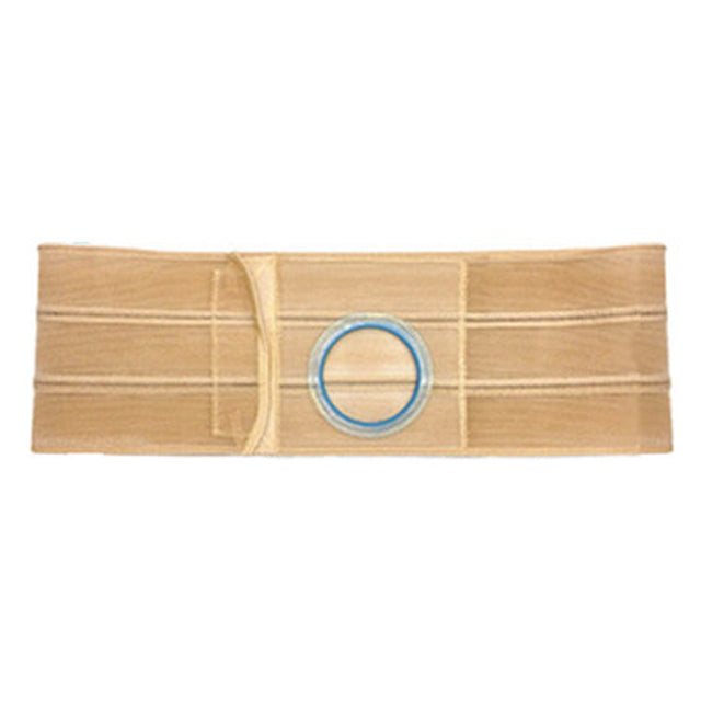 Beige abdominal ostomy belt with blue circular stoma opening, flat panel design