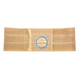 Beige medical ostomy belt with round blue opening for stoma support