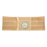 Beige medical ostomy support belt with circular opening, flat panel design