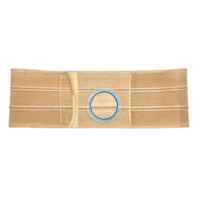 Beige medical ostomy support belt with circular opening, flat panel design