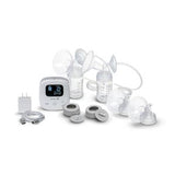 Electric double breast pump kit with LCD screen, bottles, valves, and power adapter, on white background