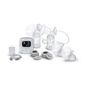Electric double breast pump kit with LCD screen, bottles, valves, and power adapter, on white background