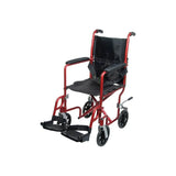 Lightweight red transport wheelchair with black seat, armrests, and footrests