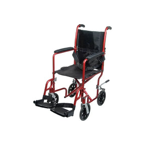Lightweight red transport wheelchair with black seat, armrests, and footrests