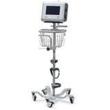 Medical equipment mobile roll stand with basket and mounted monitor on wheels