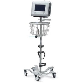 Medical equipment mobile roll stand with basket and mounted monitor on wheels