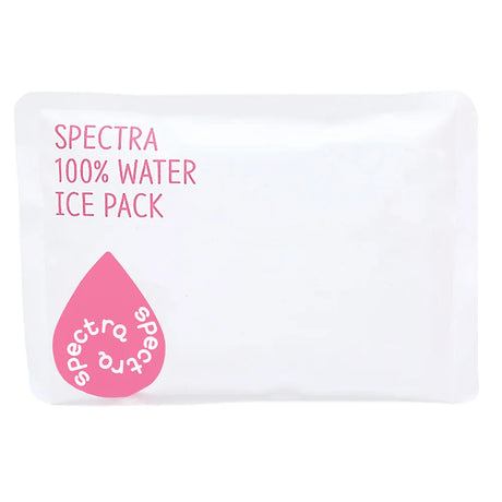 White medical ice pack labeled 'Spectra 100% Water Ice Pack' with pink water drop design.