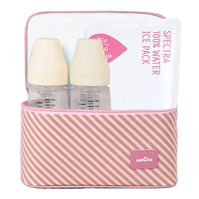 Pink striped cooler bag with two baby bottles and a SPECTRA water ice pack inside