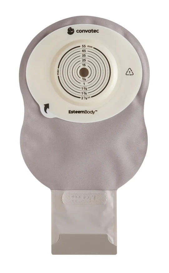 Convatec Esteem Body ostomy pouch with beige front and circular cutting guide