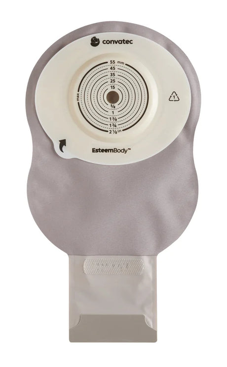 Convatec Esteem Body ostomy pouch with beige front and circular cutting guide