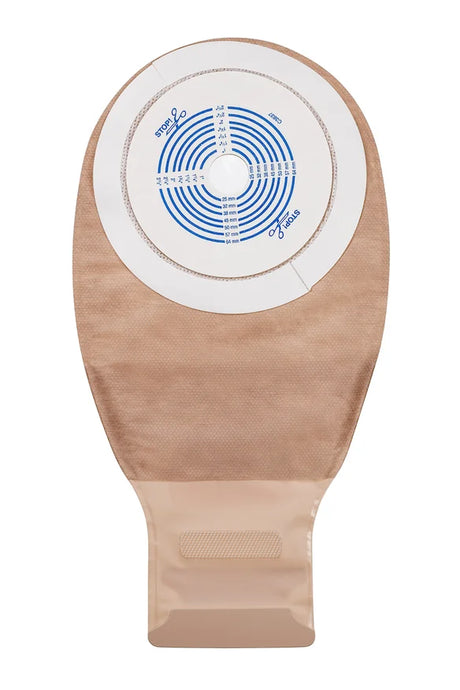Beige medical ostomy bag with circular measurement guide and adhesive backing.