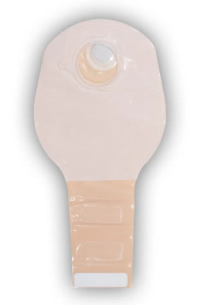 Beige medical ostomy bag with skin barrier for stoma care and colostomy support
