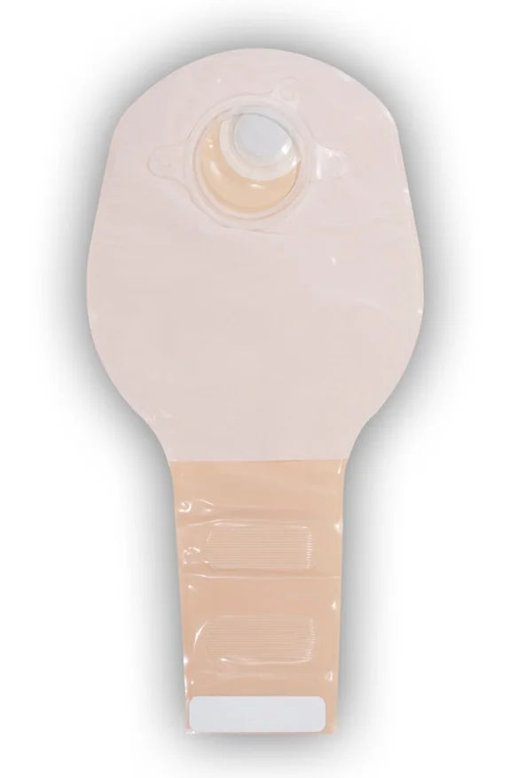 Beige medical ostomy bag with skin barrier for stoma care and colostomy support