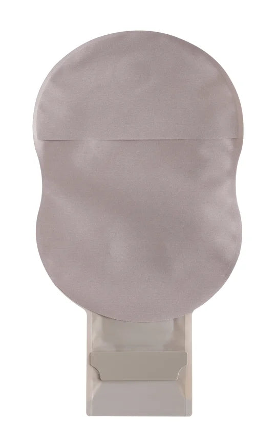 Beige ostomy bag with filter, closed pouch, medical supply on white background