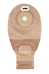 Beige ostomy bag with adhesive barrier, drainage opening and closure for medical use