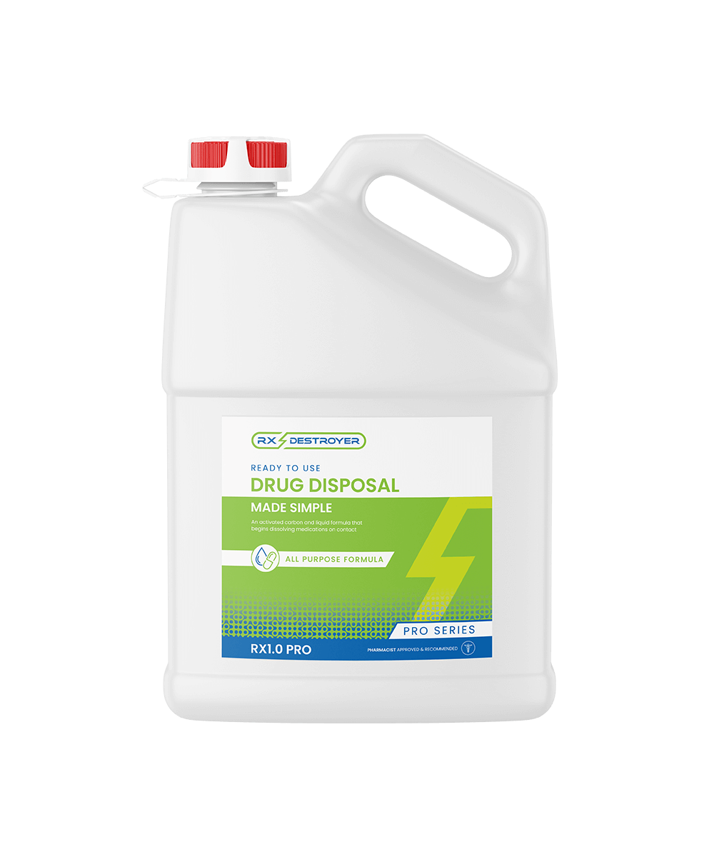 White RX Destroyer RX1.0 Pro series drug disposal container with red cap and green label