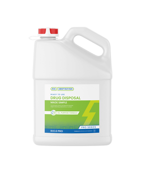 White RX Destroyer RX1.0 Pro series drug disposal container with red cap and green label