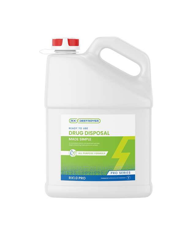 White RX Destroyer RX1.0 Pro series drug disposal container with red cap and green label